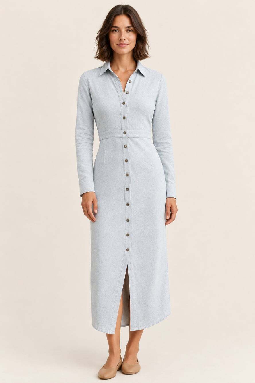 Faherty Legend Long Sleeve Maxi Dress in Heather Gray Size Small Button Down